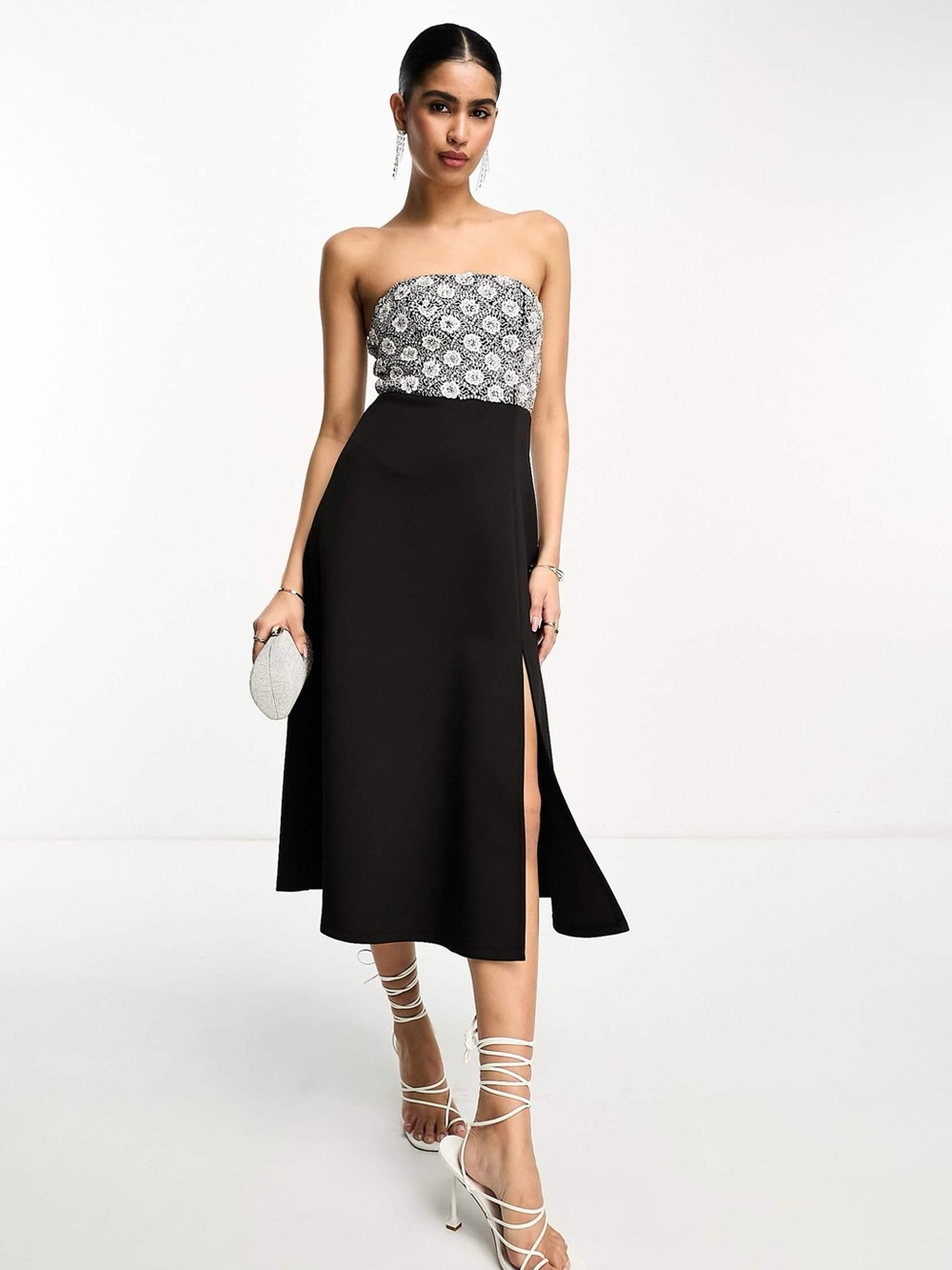 ASOS DESIGN silver sequin embellished bandeau skater midi dress in black